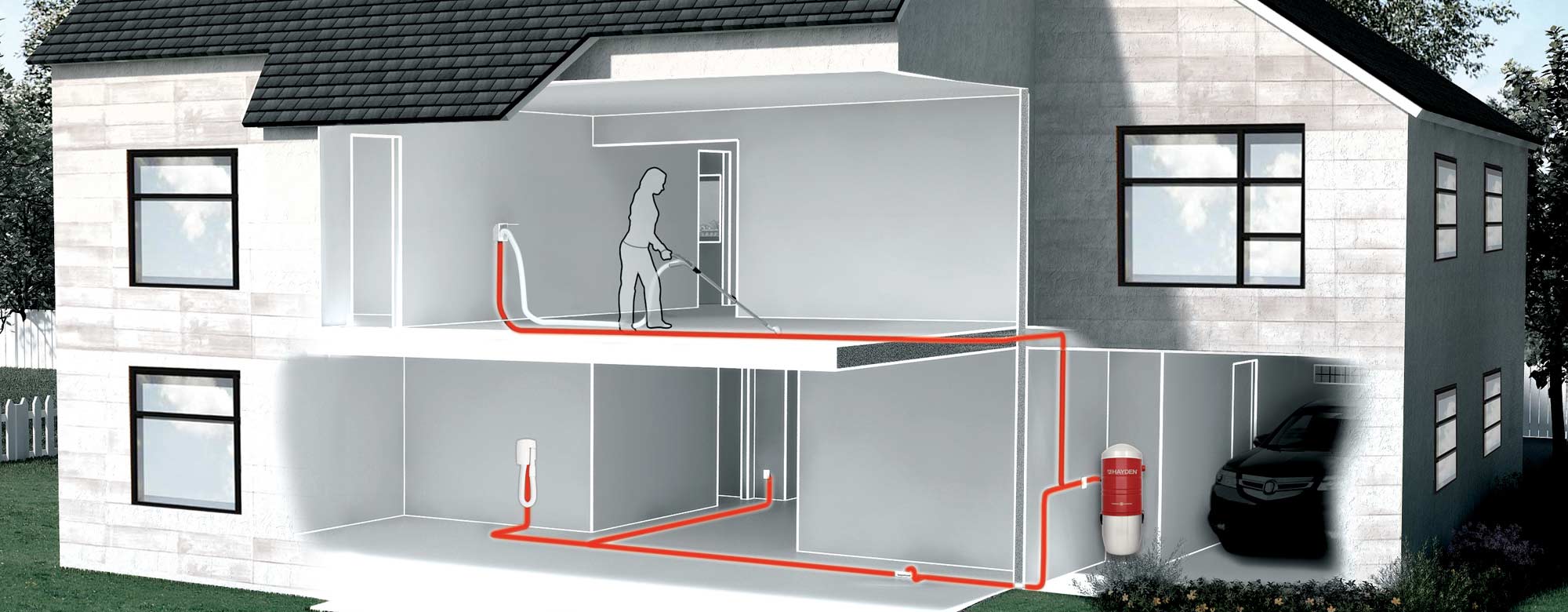 schema of the network of a central vacuum system installation in a house